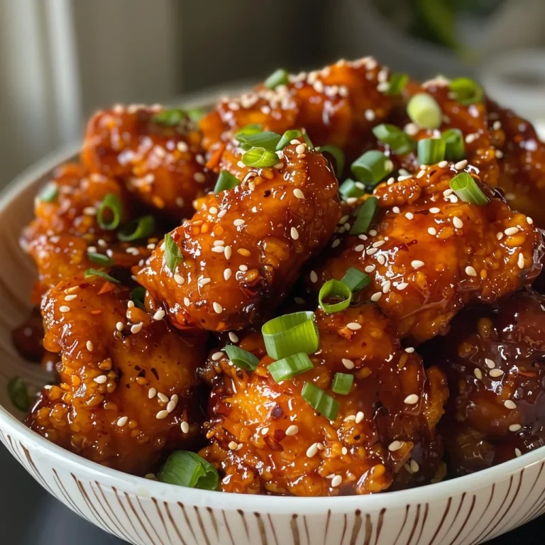 Close-up view of juicy Spicy Korean Chicken with vibrant color and garnishes.