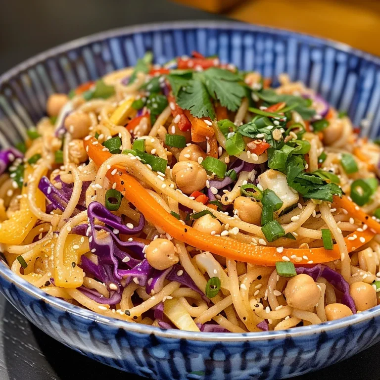 Close-up view of spicy peanut noodles topped with colorful vegetables and garnished with herbs.