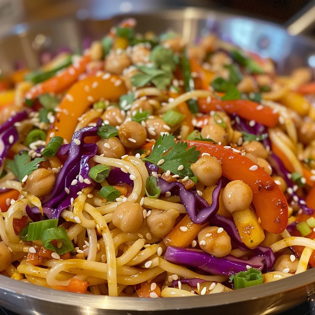 Side view of a bowl of spicy peanut noodles featuring vibrant carrots, cabbage, and chickpeas.