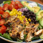 A vibrant Spicy Southwest Chicken Salad featuring grilled chicken, mixed greens, black beans, corn, and colorful vegetables.