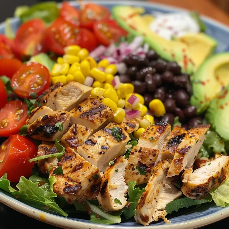 A vibrant Spicy Southwest Chicken Salad featuring grilled chicken, mixed greens, black beans, corn, and colorful vegetables.