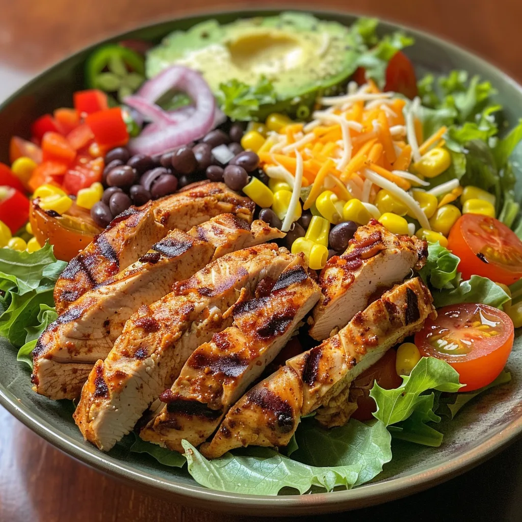 Close-up view of a fresh Spicy Southwest Chicken Salad with sliced avocado, diced bell pepper, and cherry tomatoes.