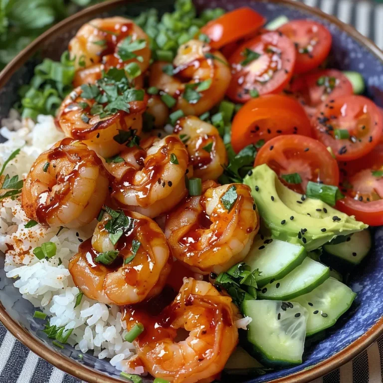 A close-up side view of a colorful Spicy Sriracha Glazed Shrimp Bowl, showcasing juicy shrimp, vibrant vegetables, and garnishes.