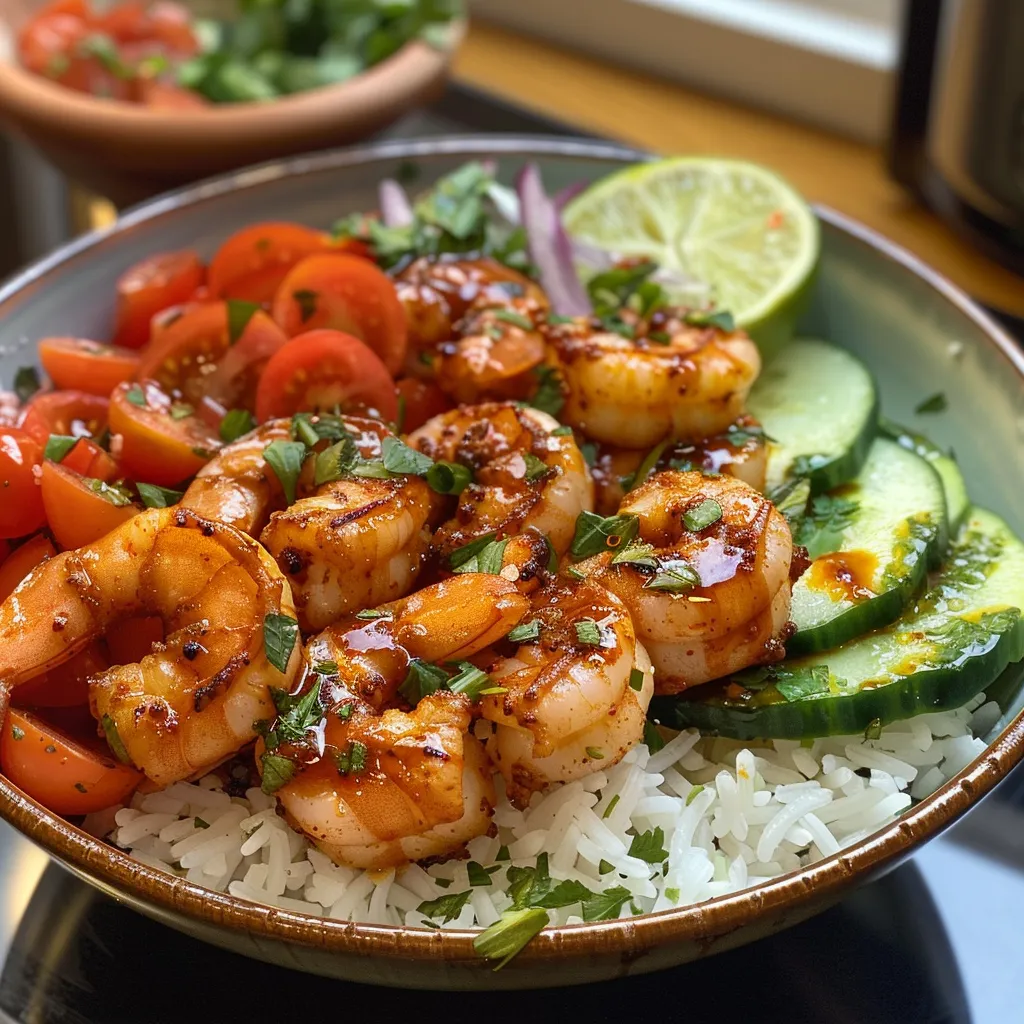 A detailed view featuring a bowl of Spicy Sriracha Glazed Shrimp with cherry tomatoes, cucumber, and avocado arranged beautifully.