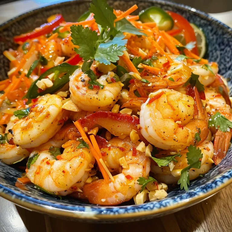 Close-up view of a vibrant Spicy Thai Shrimp Salad featuring plump shrimp and fresh vegetables.