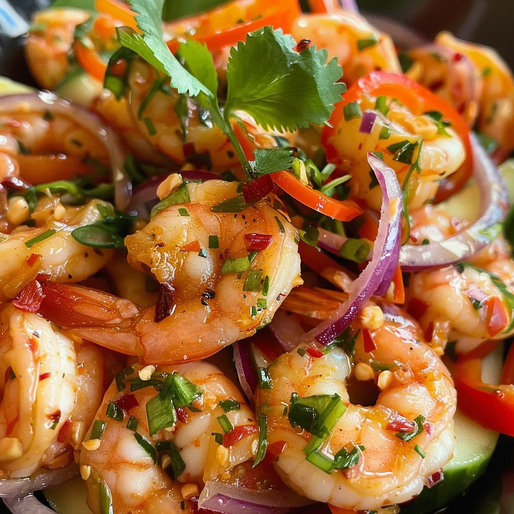 Juicy Spicy Thai Shrimp Salad displayed side view, showcasing colorful ingredients on a plate.