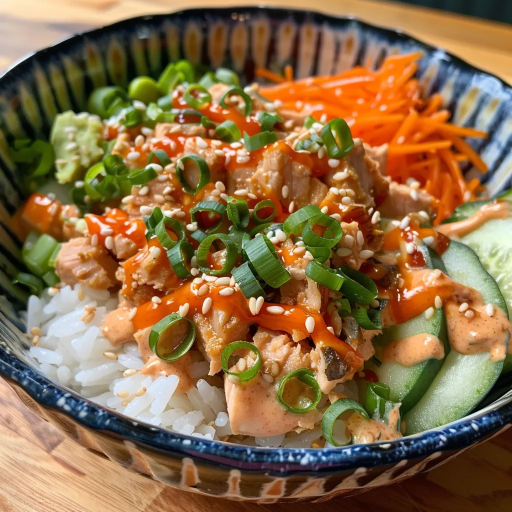 Side view of a delicious Spicy Tuna Rice Bowl with tuna, rice, and colorful toppings.