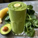 Side view of a green spinach-avocado smoothie in a glass with a thick consistency.