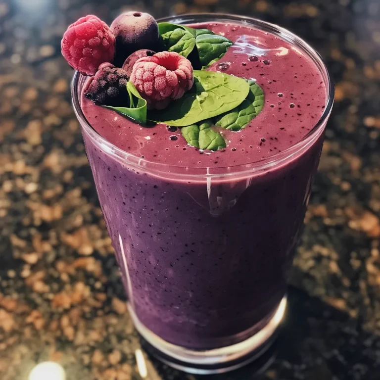Close-up view of a vibrant green Spinach Berry Smoothie in a clear glass.