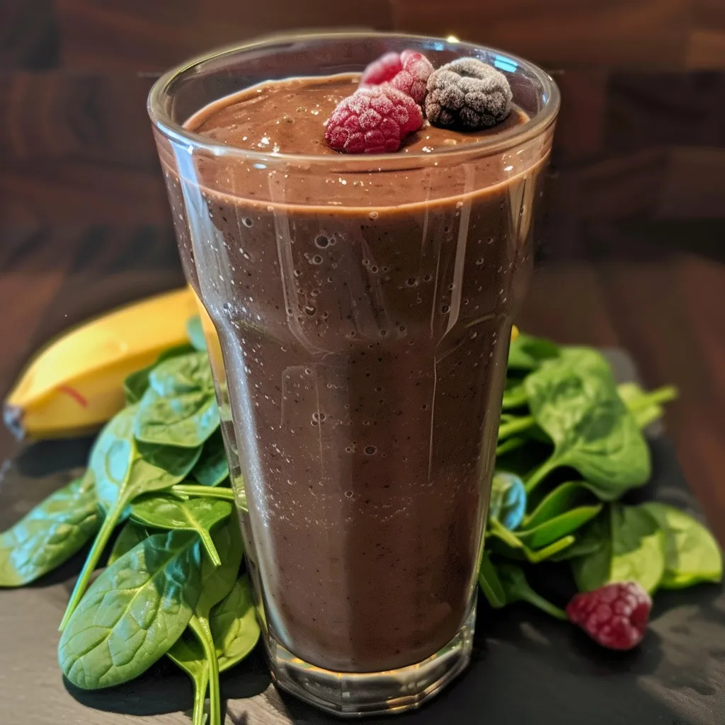 Side view of a delicious Spinach Berry Smoothie, showcasing its rich color and thick texture.