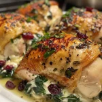 Juicy Spinach and Cranberry Stuffed Chicken Breasts with a side view showcasing the filling.