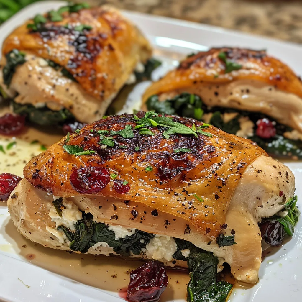 Close-up of a perfectly cooked Spinach and Cranberry Stuffed Chicken Breast, revealing the vibrant stuffing.