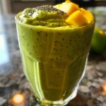 Close-up view of a vibrant spinach pineapple smoothie in a glass, topped with chia seeds.