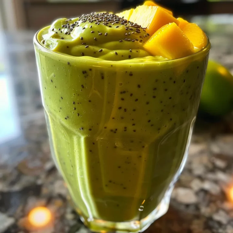 Close-up view of a vibrant spinach pineapple smoothie in a glass, topped with chia seeds.