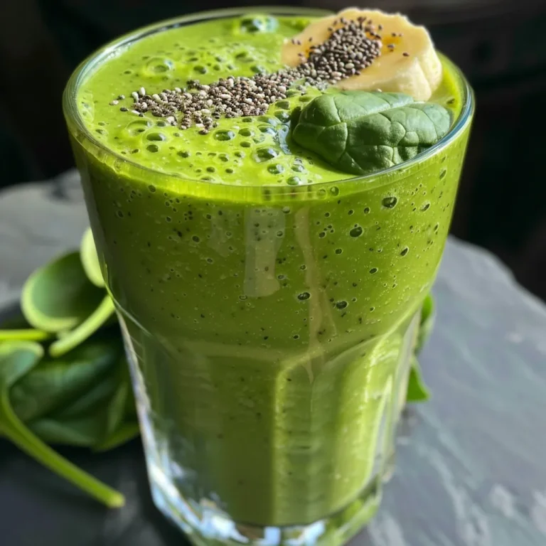 Close-up of a green smoothie in a glass, showcasing fresh spinach and banana.