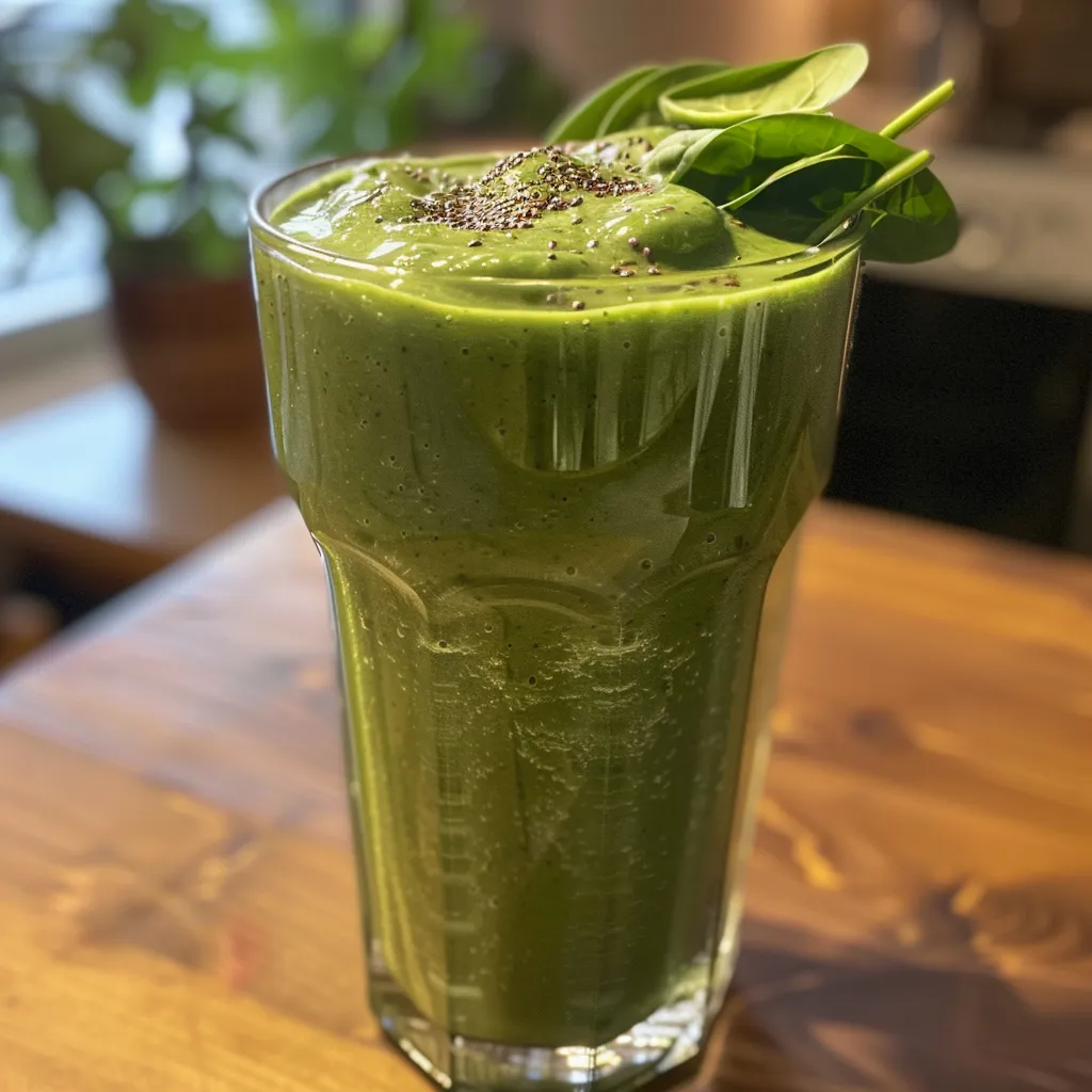 Side view of a Splendid Spinach Smoothie with visible ingredients like spinach and chia seeds.