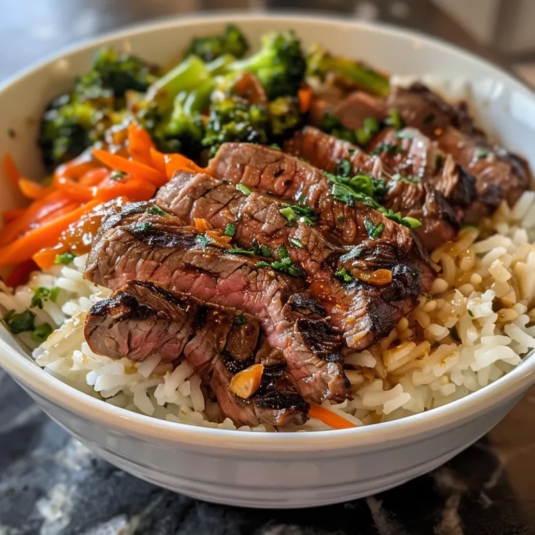 A juicy steak rice bowl topped with garlic cream sauce, broccoli, and carrots.