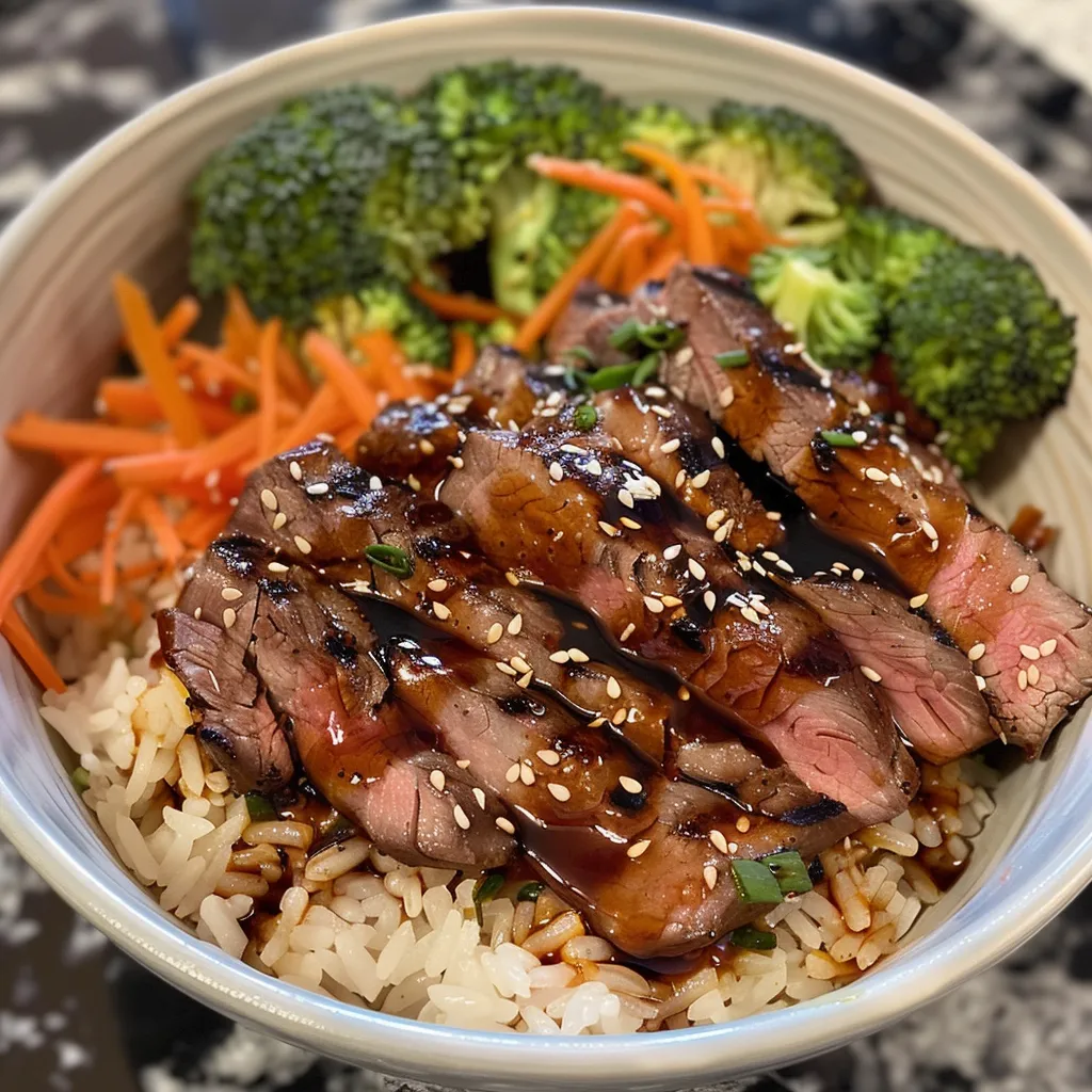 Close-up view of a flavorful steak rice bowl with a creamy garlic sauce and vibrant vegetables.