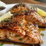 A side view of a juicy salmon filet glazed with sticky garlic butter, garnished with parsley.