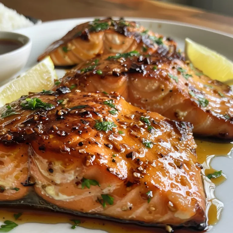 A side view of a juicy salmon filet glazed with sticky garlic butter, garnished with parsley.