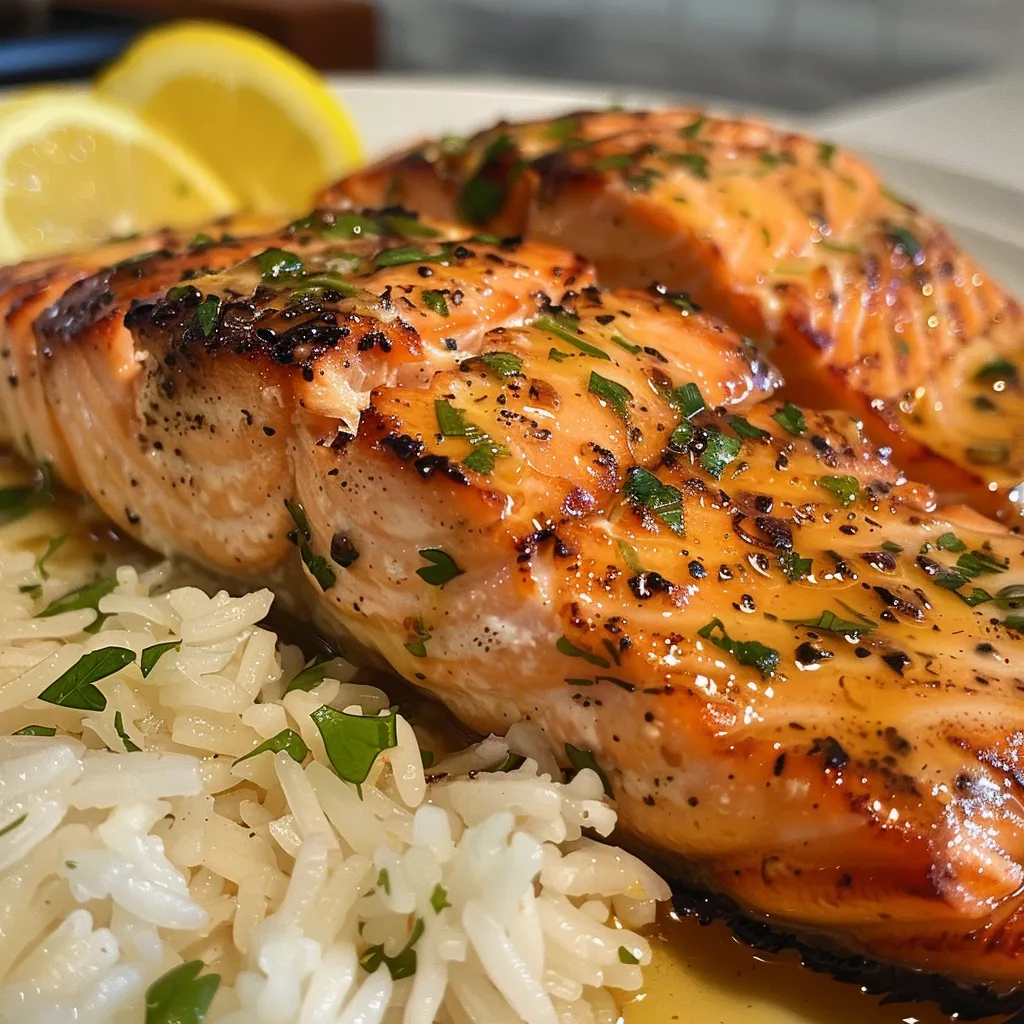 Close-up of a cooked salmon filet drizzled with garlic butter sauce, with lemon wedges nearby.