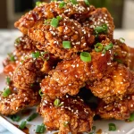 Close-up of juicy Sticky Korean Fried Chicken on rice, garnished with green onions and sesame seeds.