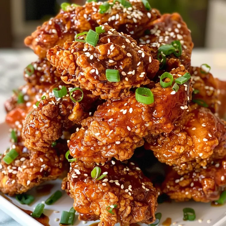 Close-up of juicy Sticky Korean Fried Chicken on rice, garnished with green onions and sesame seeds.