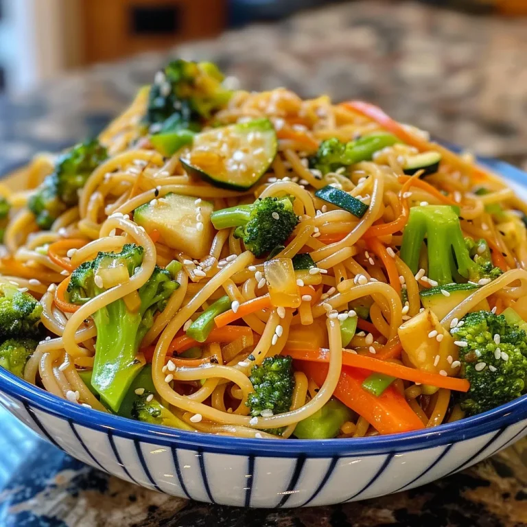Close-up view of stir-fried garlic noodles with colorful vegetables.