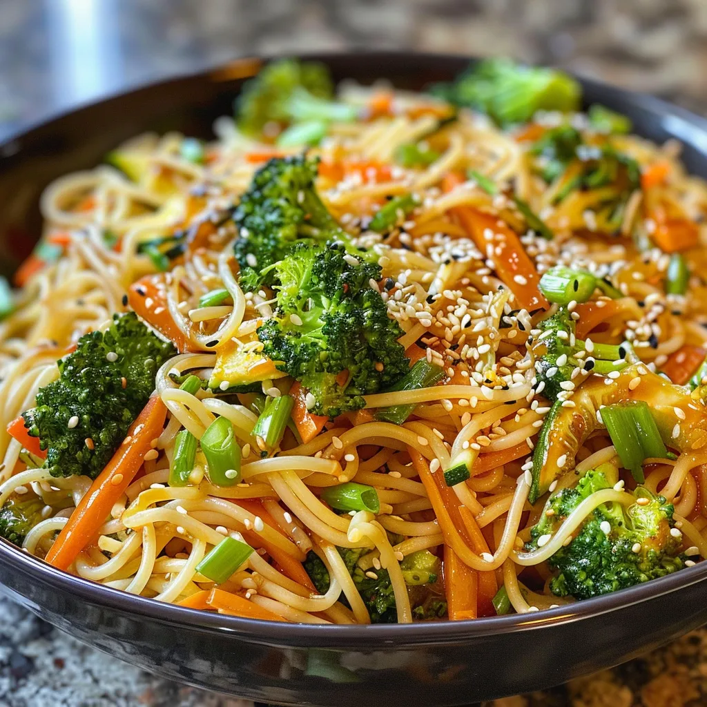 Juicy Stir-Fry Garlic Noodles with vibrant broccoli, carrots, and garlic, captured side view.