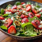 Close-up view of a vibrant strawberry spinach salad in a white bowl with sliced strawberries and nuts.