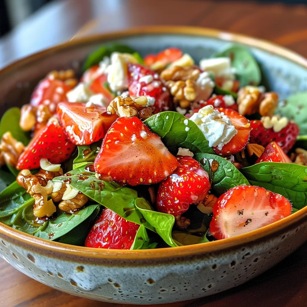A fresh strawberry spinach salad featuring green spinach leaves, sliced strawberries, and crumbled feta cheese.