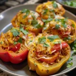 Close-up view of stuffed bell peppers filled with chicken and colorful vegetables.