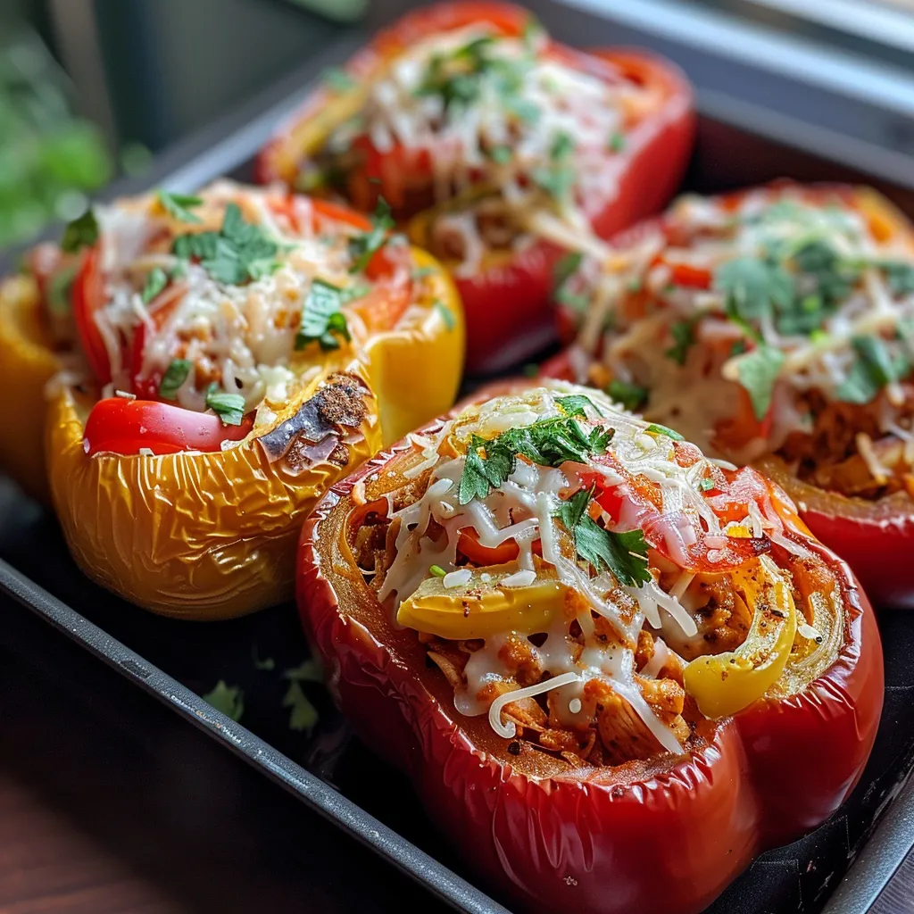 Juicy stuffed bell peppers with a side view, showcasing the savory chicken filling.