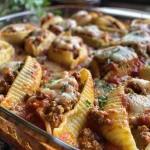 Juicy stuffed shells filled with ground beef, ricotta, and oozing mozzarella, garnished with parsley.
