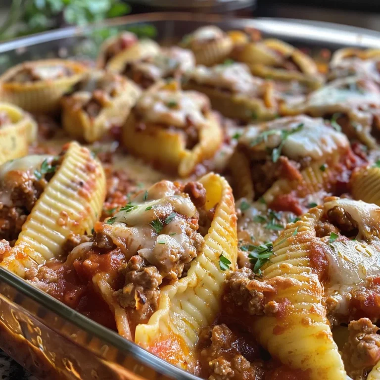 Juicy stuffed shells filled with ground beef, ricotta, and oozing mozzarella, garnished with parsley.