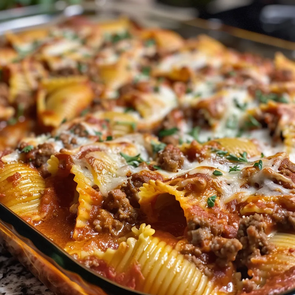 Close-up of rich stuffed shells with a meaty filling and marinara sauce drizzled on top.