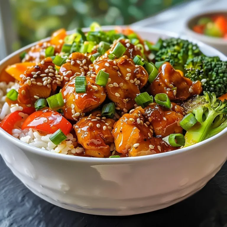 Close-up view of Sweet Chili Chicken Rice Bowls with vibrant vegetables.