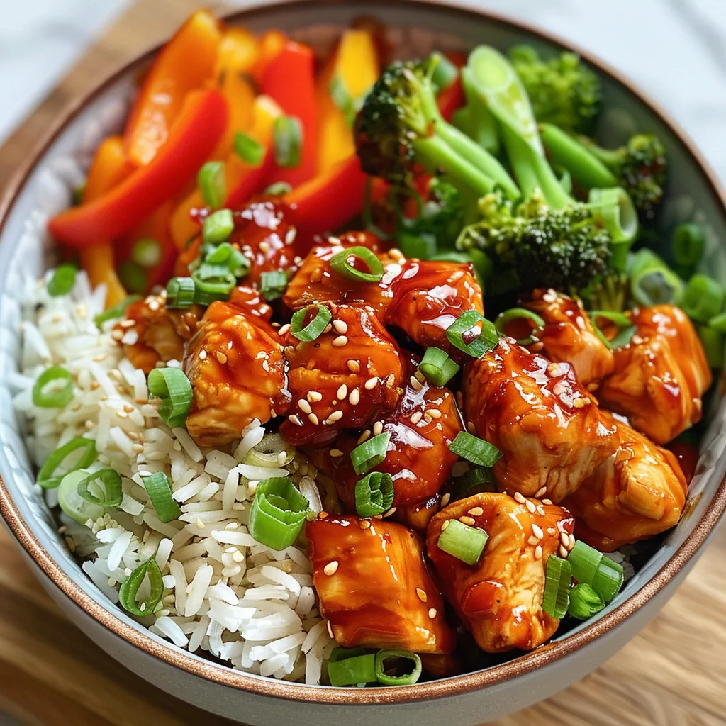 Side view of a delicious rice bowl filled with sweet chili chicken, jasmine rice, and fresh vegetables, showcasing appetizing textures.