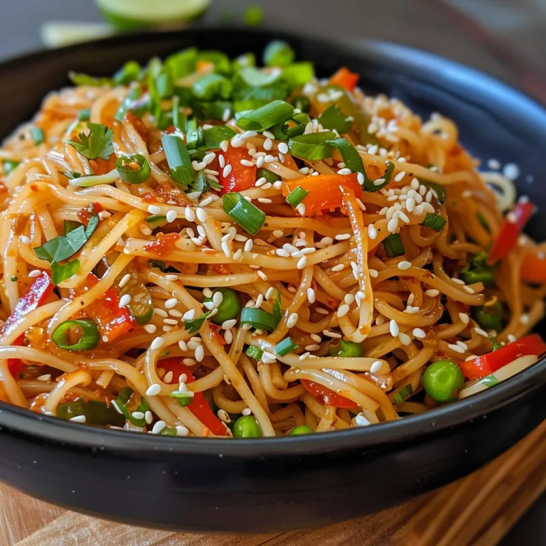 A close-up view of Sweet Chili Garlic Noodles with colorful vegetables.