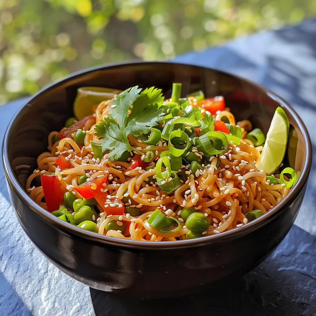 Side view of a bowl filled with Sweet Chili Garlic Noodles topped with green onions and sesame seeds.