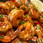 Close-up of juicy Sweet Chili Garlic Shrimp garnished with fresh parsley and red pepper flakes.