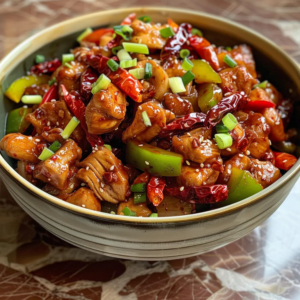 Close-up of juicy Szechuan chicken with colorful bell peppers and dried red chilies.