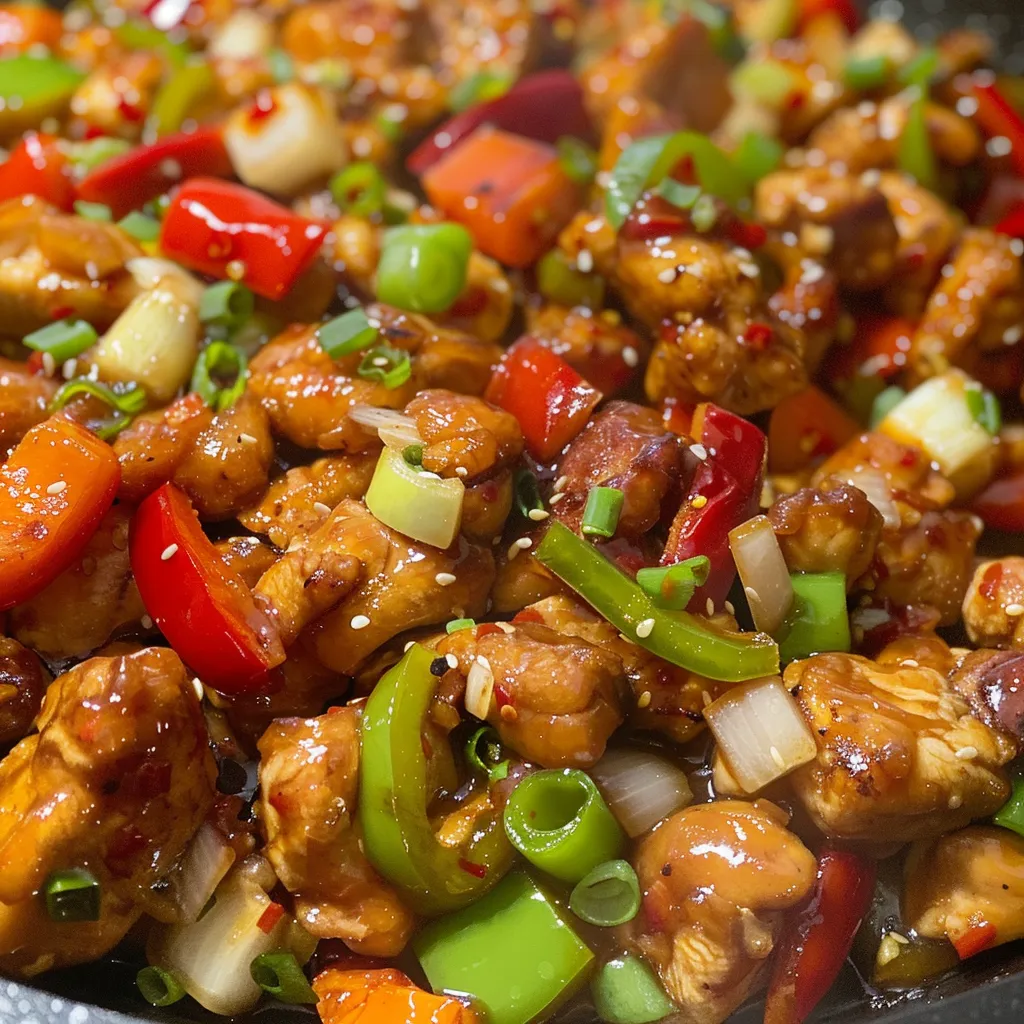 Szechuan chicken dish featuring diced red and green bell peppers in a rich sauce.