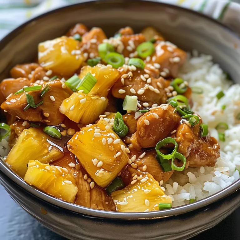 A close-up of a Teriyaki Chicken and Pineapple Bowl with chunks of chicken and pineapple.