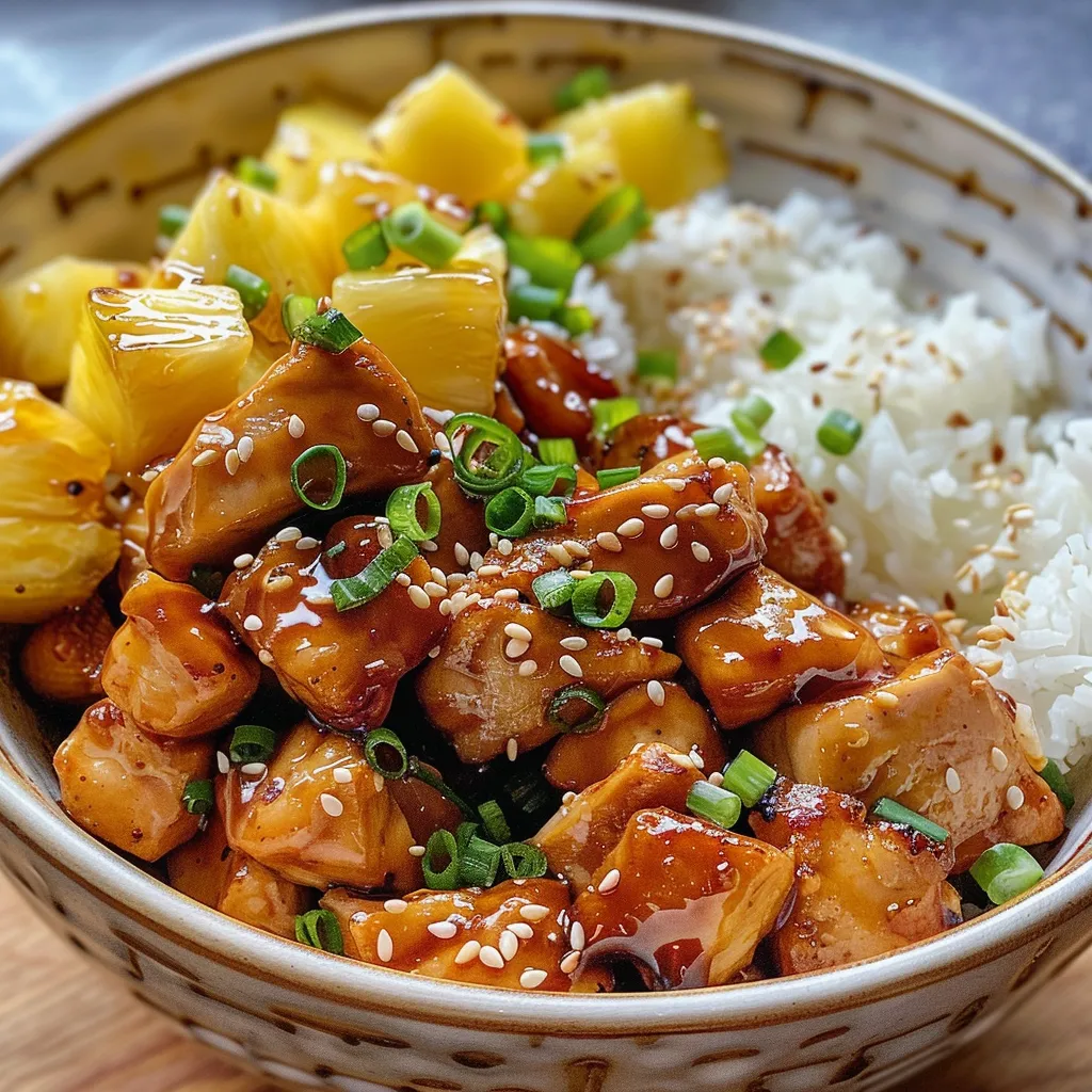 Side view of a bowl filled with teriyaki chicken, pineapple, and rice, garnished with green onions.