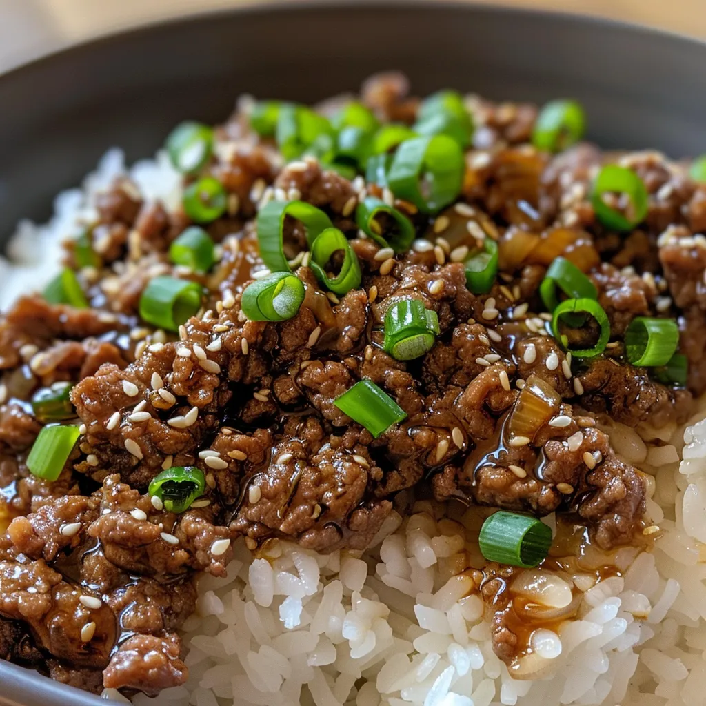 Close-up view of seasoned ground beef in a vibrant teriyaki sauce.