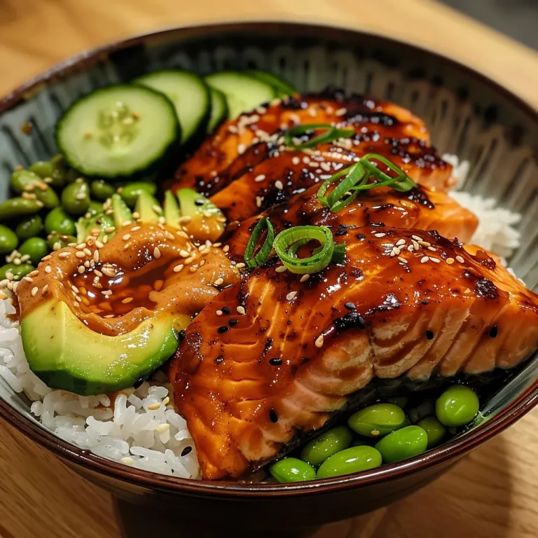 A vibrant Teriyaki Salmon Bowl featuring grilled salmon, rice, and fresh vegetables.