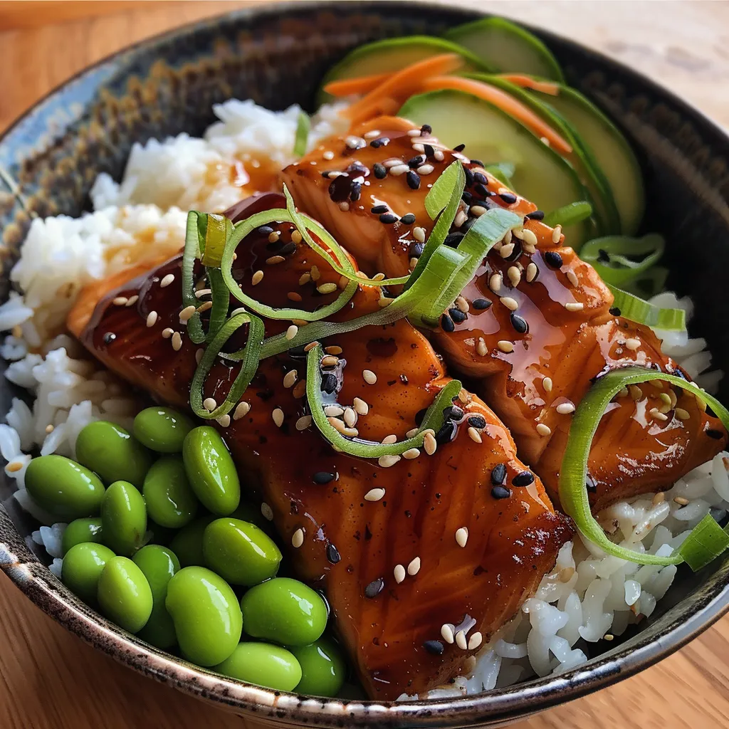 Close-up of a Teriyaki Salmon Bowl with salmon fillets, avocado slices, and edamame.