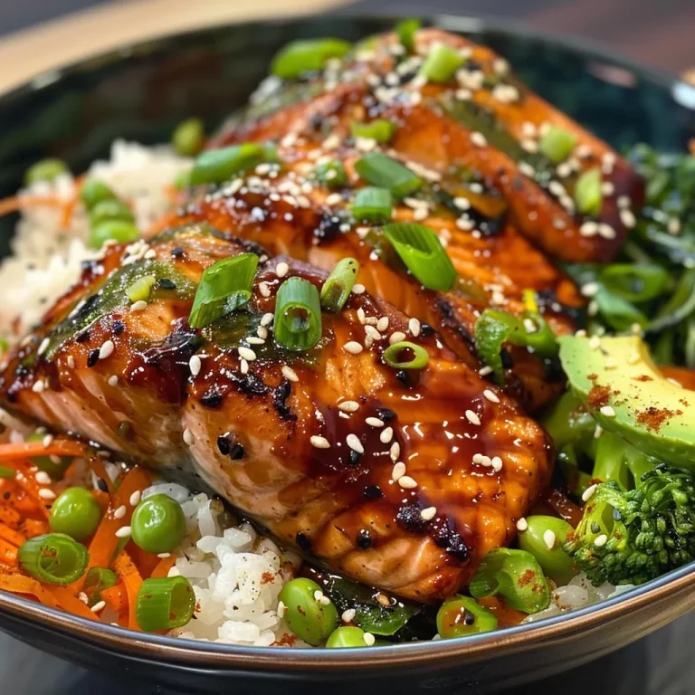 Juicy Teriyaki salmon on a bed of short-grain rice topped with colorful vegetables.