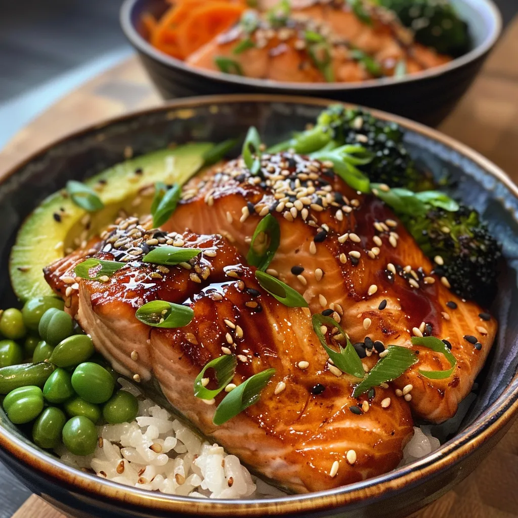 A close-up of a rice bowl featuring Teriyaki salmon, assorted vegetables, and sesame seeds.